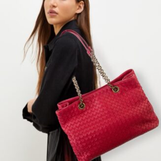 Bottega Veneta Intrecciato Leather Chain Tote Bag Red