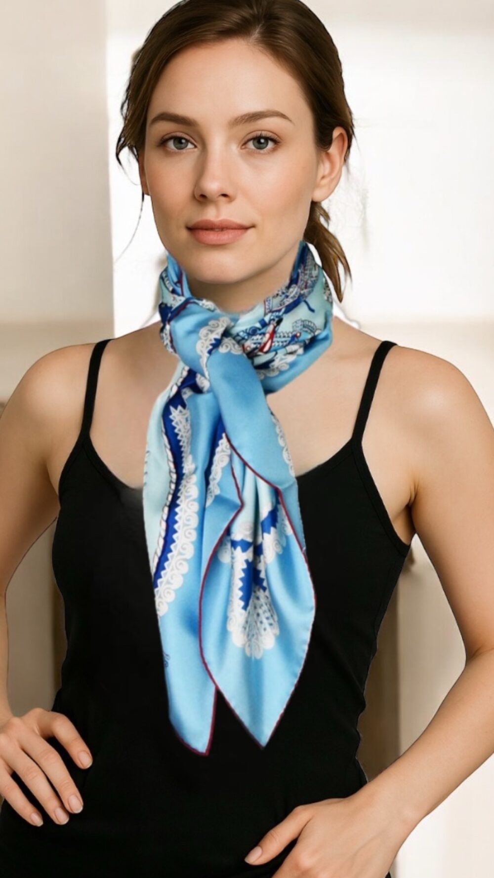 HERMES CIEL/BLUE GLACIER/BORDEAUX “PAPEROLES” 90CM SILK SCARF - Image 2
