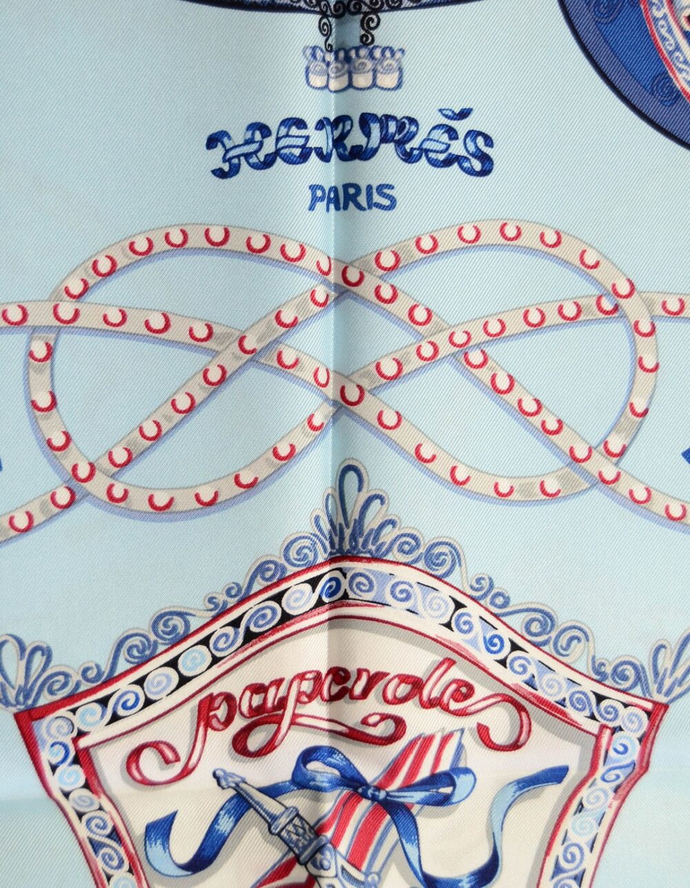 HERMES CIEL/BLUE GLACIER/BORDEAUX “PAPEROLES” 90CM SILK SCARF - Image 6