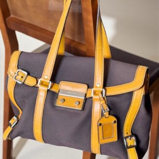 Prada Large Shoulder Bag in Brown Canvas and Yellow Leather Trim